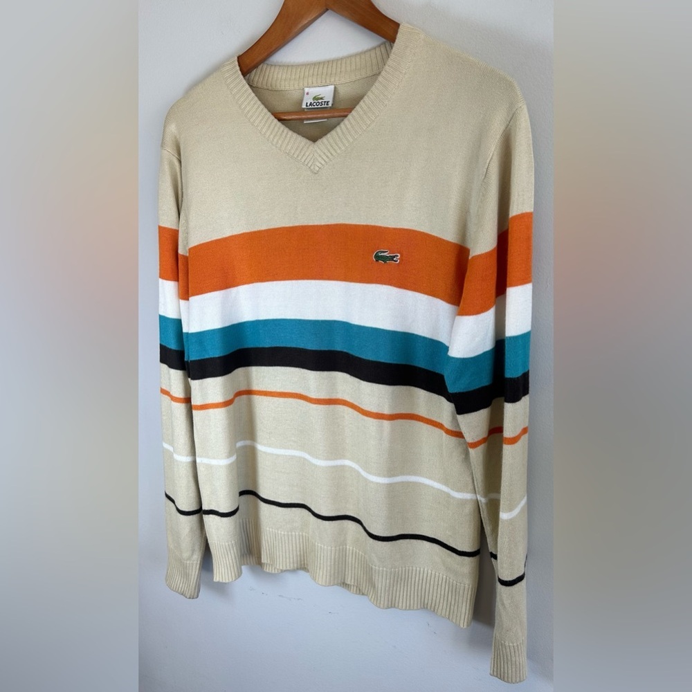 Vintage Lacoste Mens Tan Striped V-Neck Pullover Cotton Sweater Long Sleeve Sz 6 - Picture 3 of 9